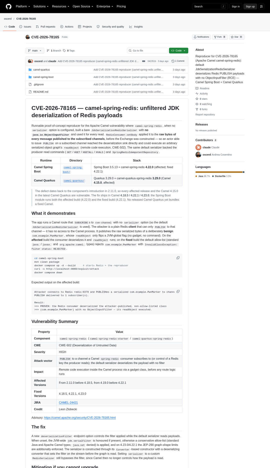 PoC reproducer 仓库(来源:GitHub oscerd)